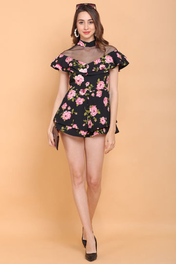 Black Floral Short Dress Flower Elegant