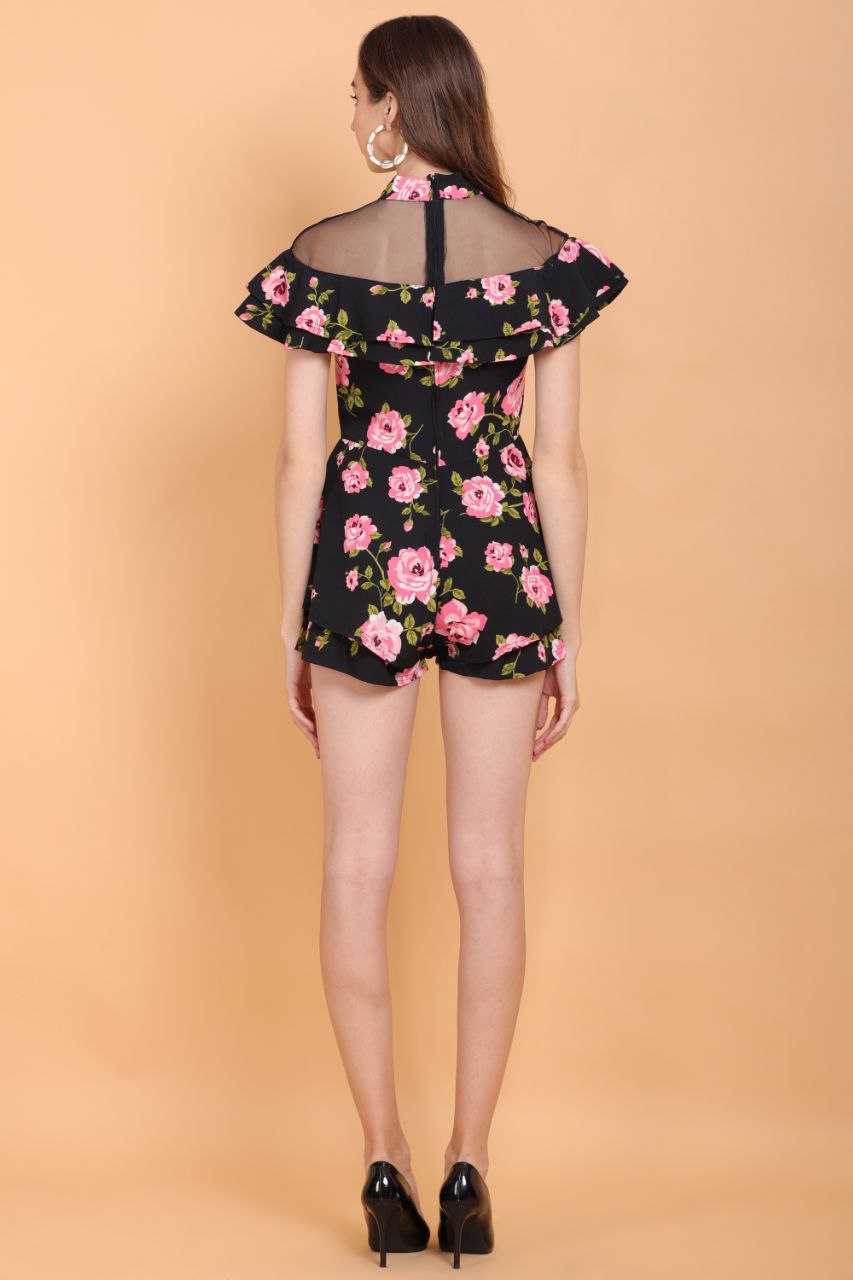 Black Floral Short Dress Flower Elegant