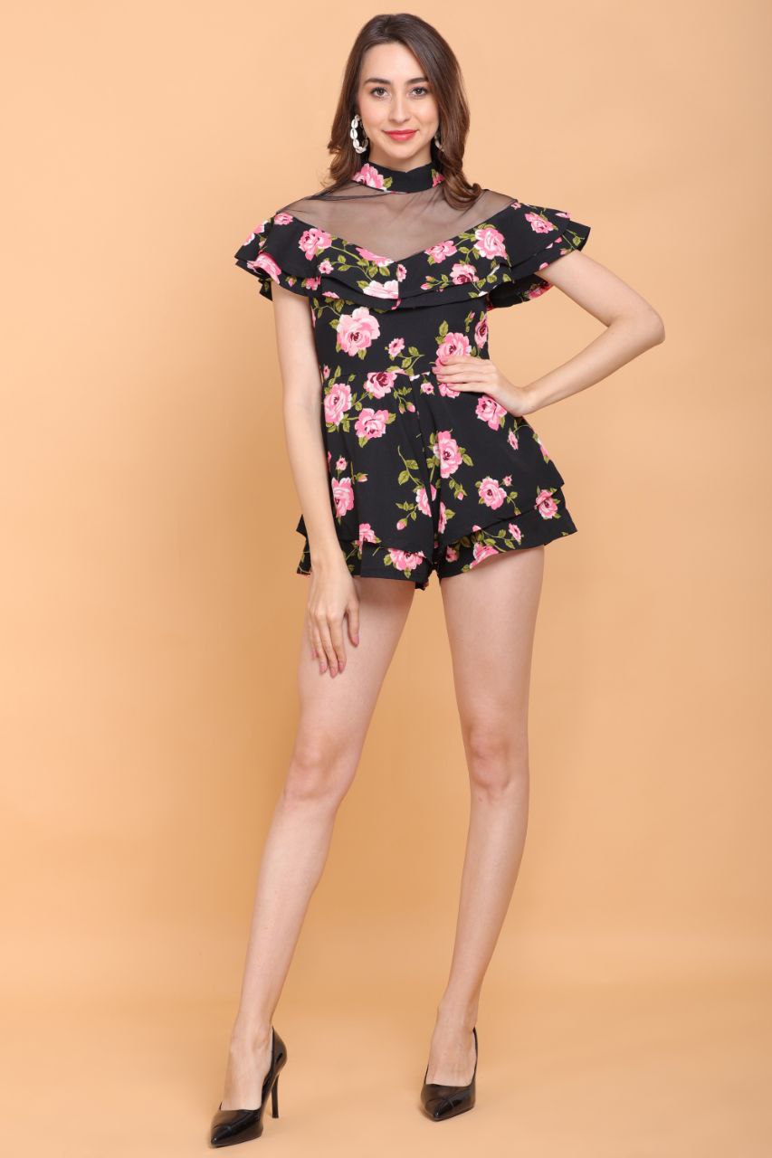 Black Floral Short Dress Flower Elegant