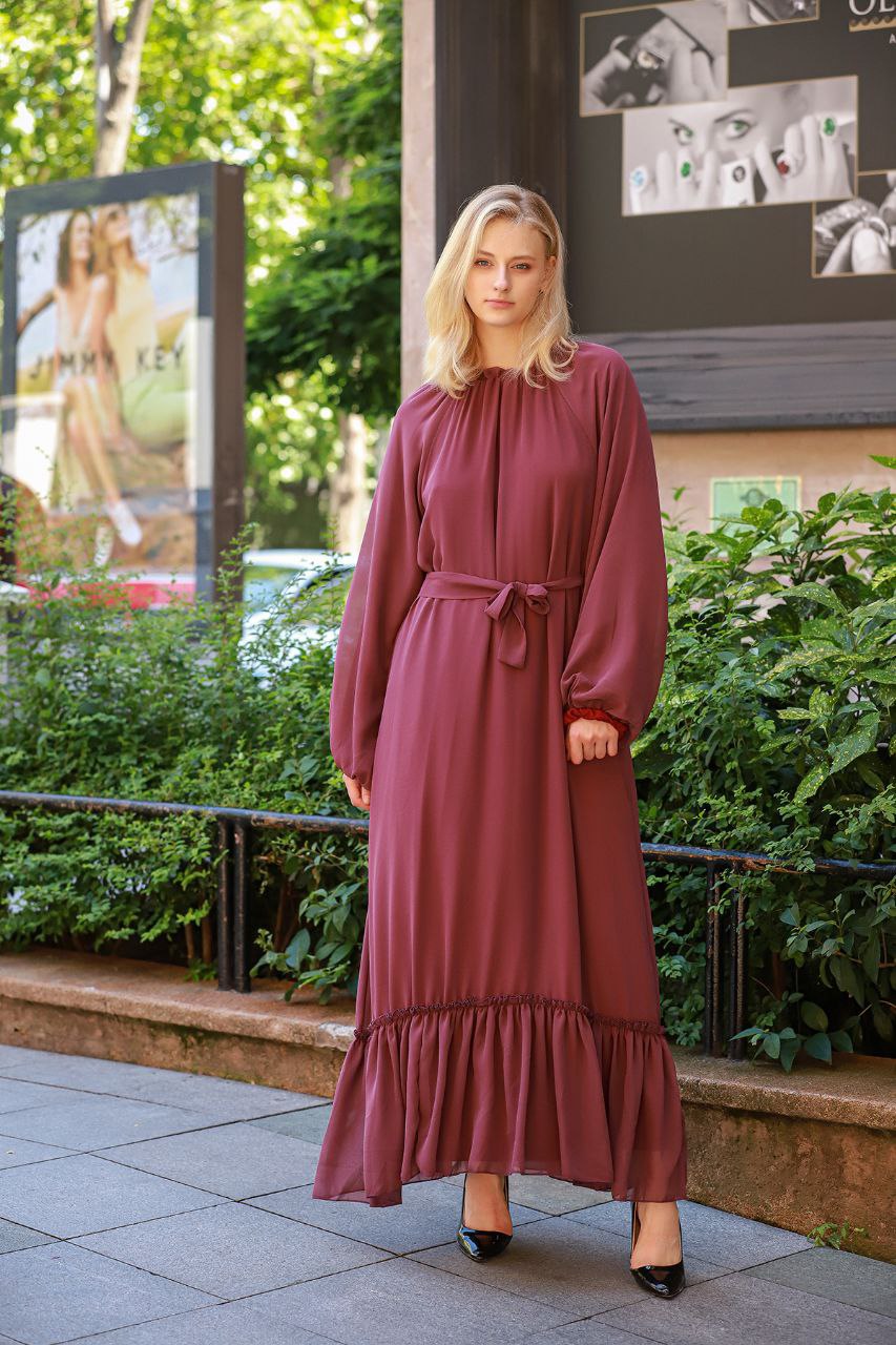 Round Neck Dark Purple Maxi Long Sleeve For Women