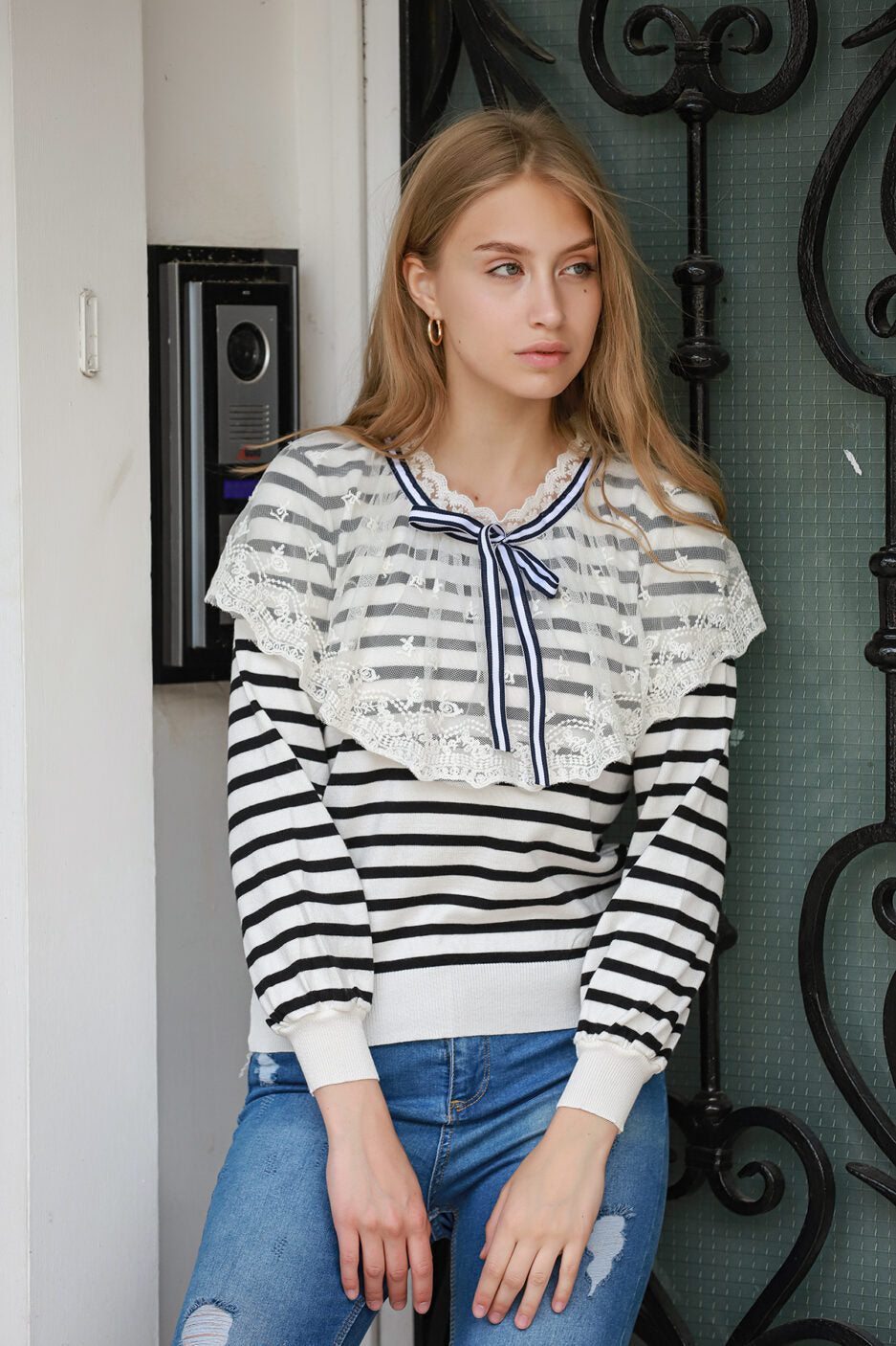 Striped V-Neck Knit Sweater